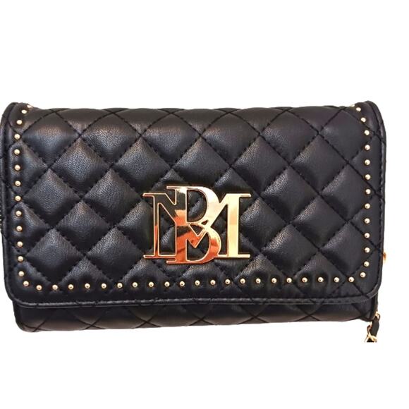 Badgley Mischka Quilted Wallet on a Chain Purse Black Crossbody Gold Studs Glam - Picture 3 of 16